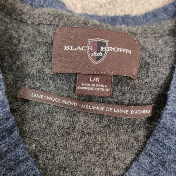 Black Brown 1826 Men's Striped V-neck Wool Sweater Blue Gray Lambswool Old Money - Picture 8 of 9